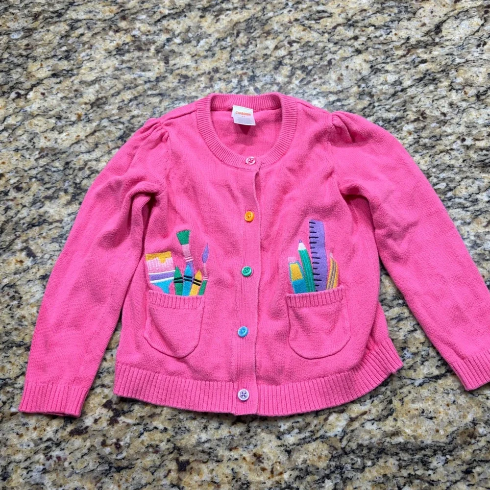 Gymboree Girls 4T Pink Cardigan School Supplies Art Embroidery Cotton Sweater